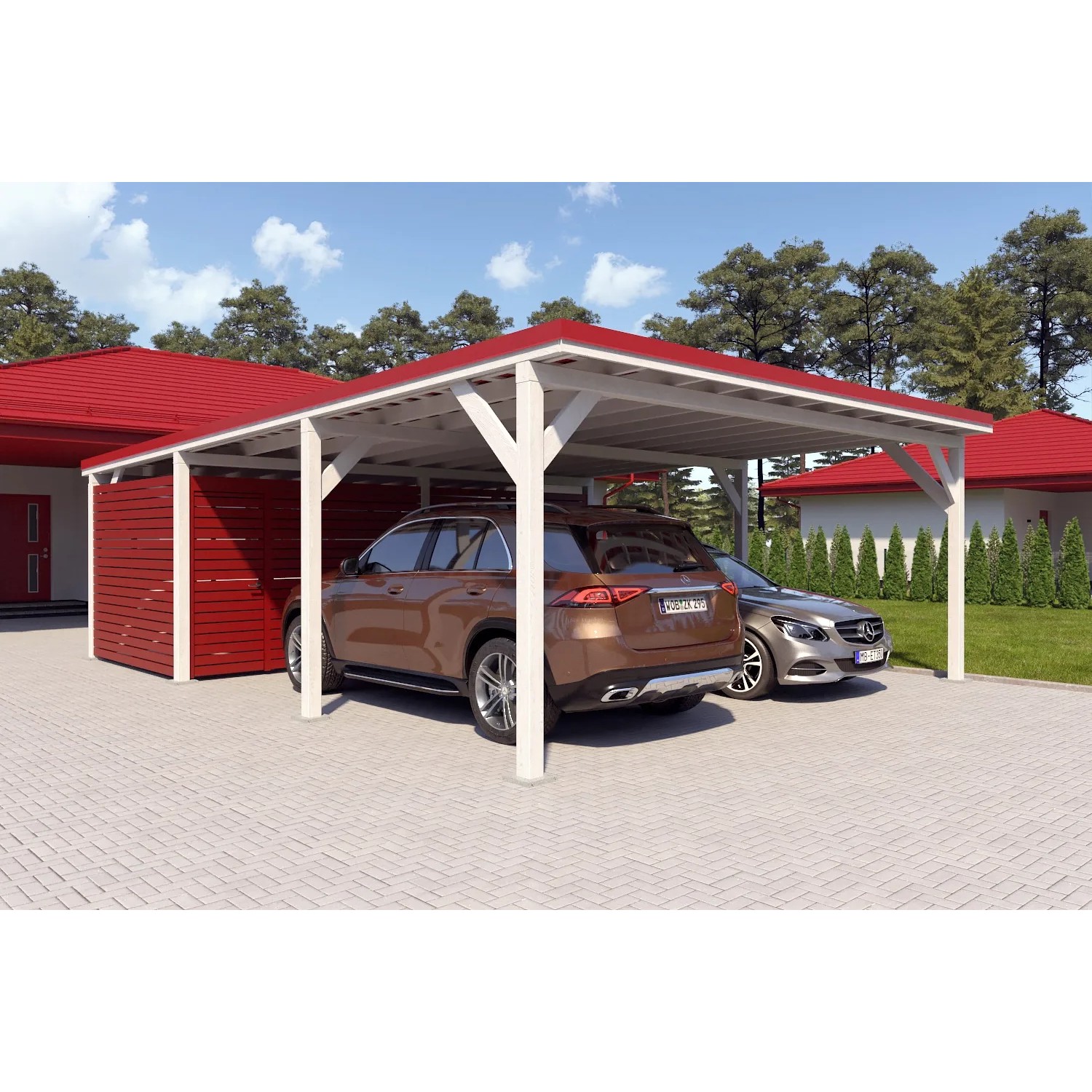 Doppelcarport Ralf mit Geräteraum, reinweiß, Blechdach rot, 600x868 cm. Zwei Autos unter dem Carport.