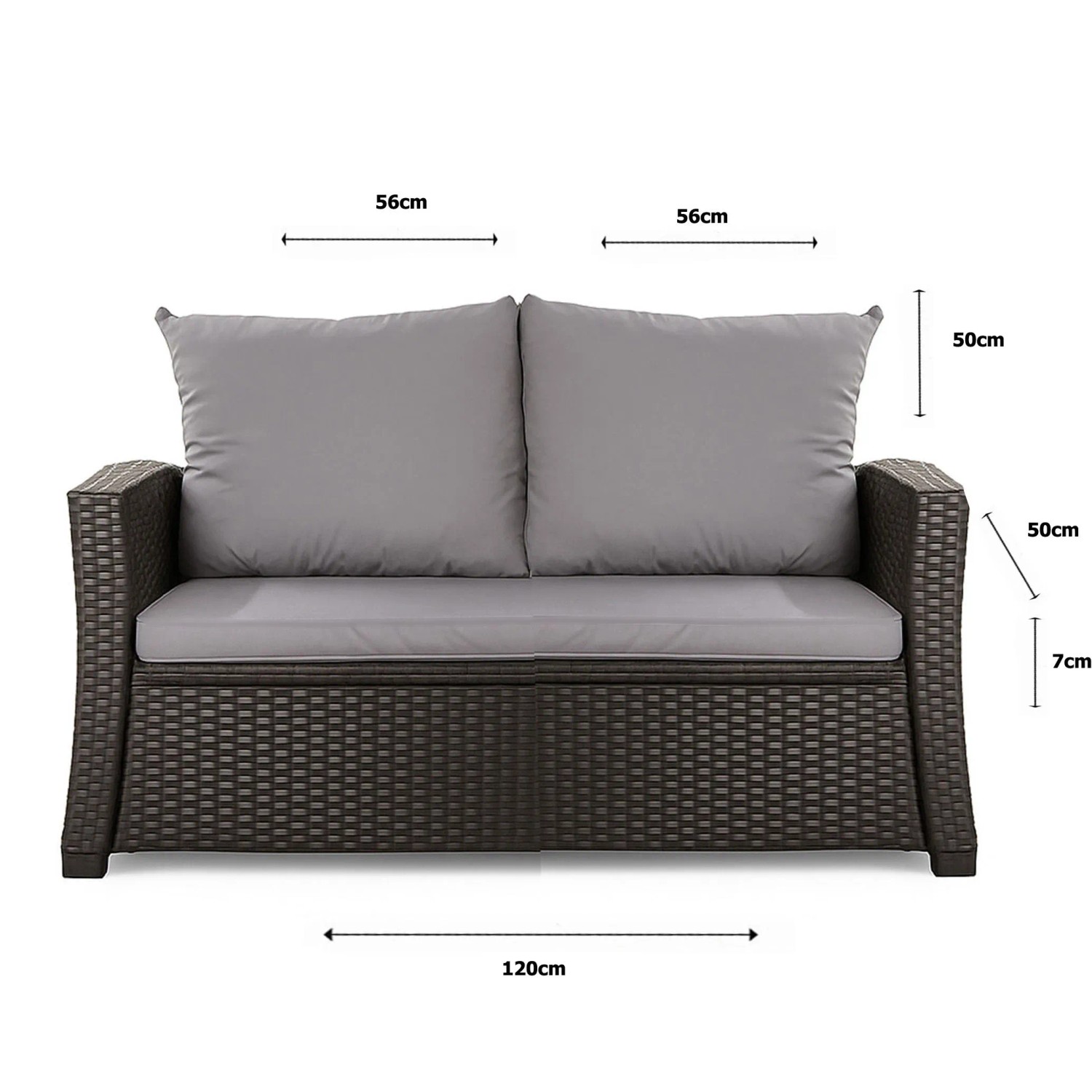 Graues 2-Sitzer Gartensofa mit Polyrattan und Kissen (120x50x50 cm) aus dem Setgarden Mix-Techno Gartenkissen Set.