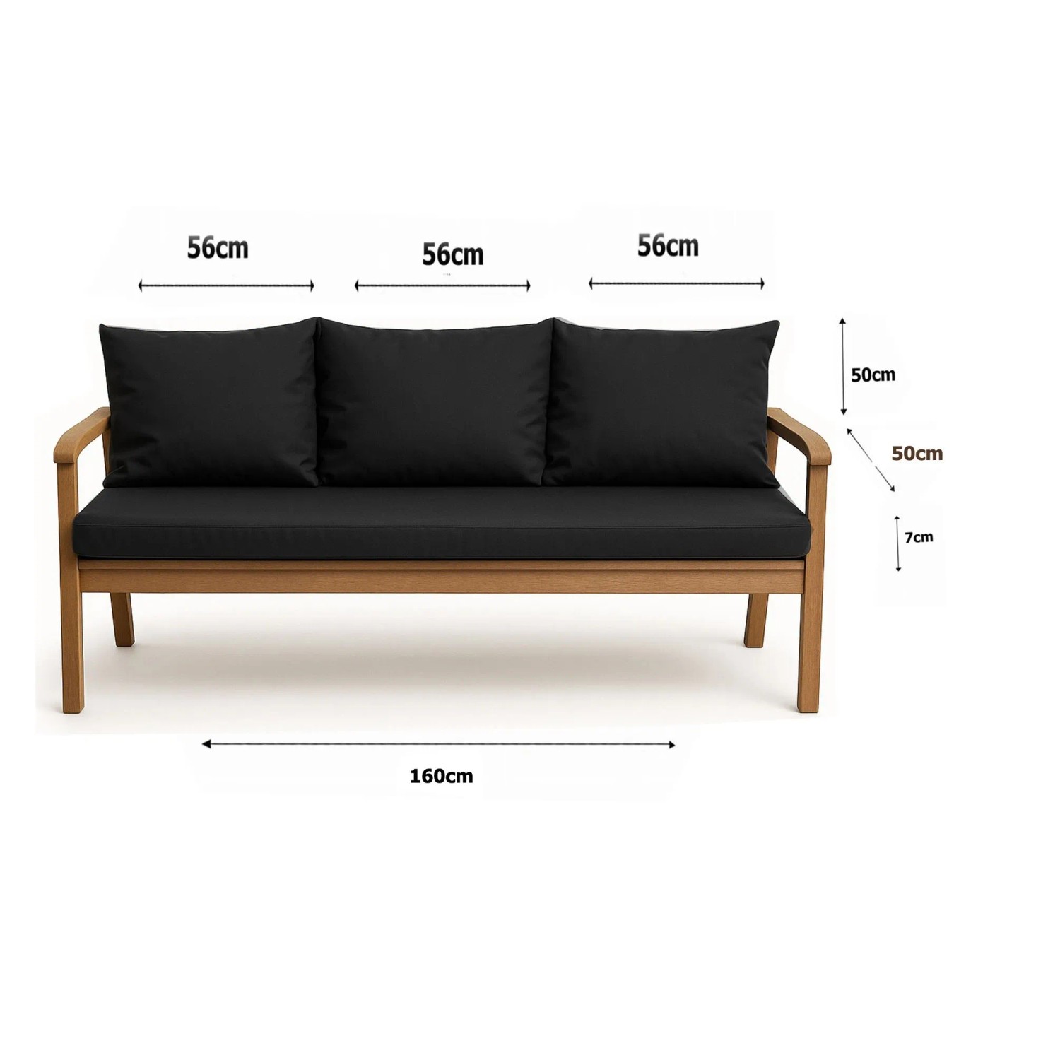 Setgarden Bankkissen-Set, schwarz, 160x50 cm + 3 Rückenkissen. Auflagen für 3-Sitzer Gartenbank.