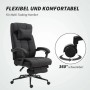 Schwarzer ergonomischer Bürostuhl in Leinenoptik mit Fußstütze, Kopfkissen und 360° drehbaren Rollen.