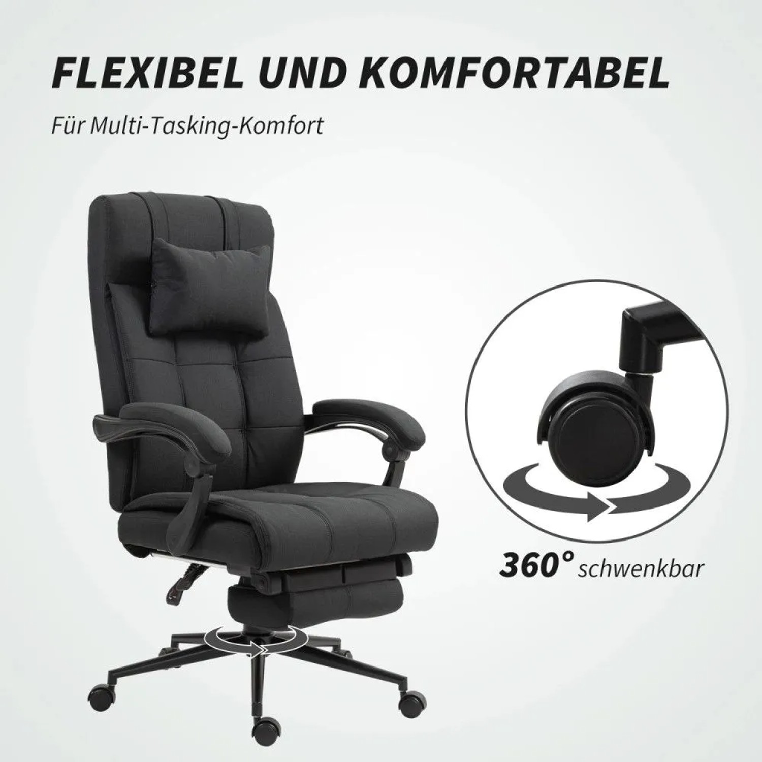 Schwarzer ergonomischer Bürostuhl in Leinenoptik mit Fußstütze, Kopfkissen und 360° drehbaren Rollen.