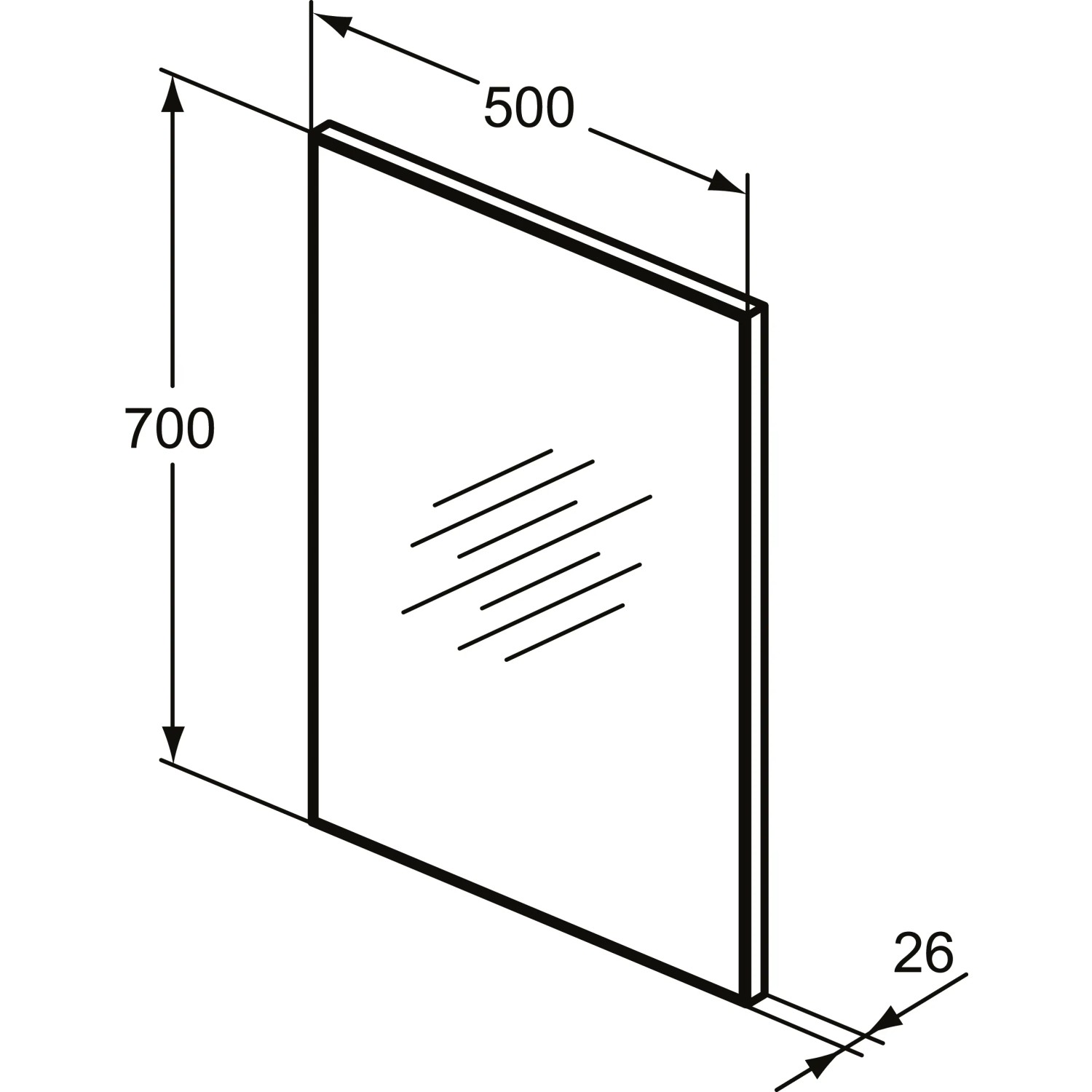 Ideal Standard Spiegel Mirror&Light, 50x70 cm, mit Maßangaben für Bad und WC.