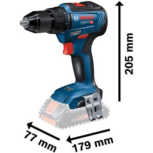 Bosch Professional GSR 18V-55 Akku-Bohrschrauber mit Maßen, ideal für präzise Schraub- und Bohrarbeiten.