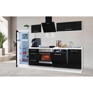 Respekta Premium Küchenzeile 280 cm in Schwarz Hochglanz-Weiß mit E-Geräten.