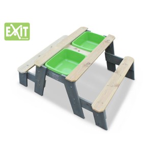 EXIT Aksent Sand-, Wasser- und Picknicktisch mit 2 Bänken, grau und naturfarben.
