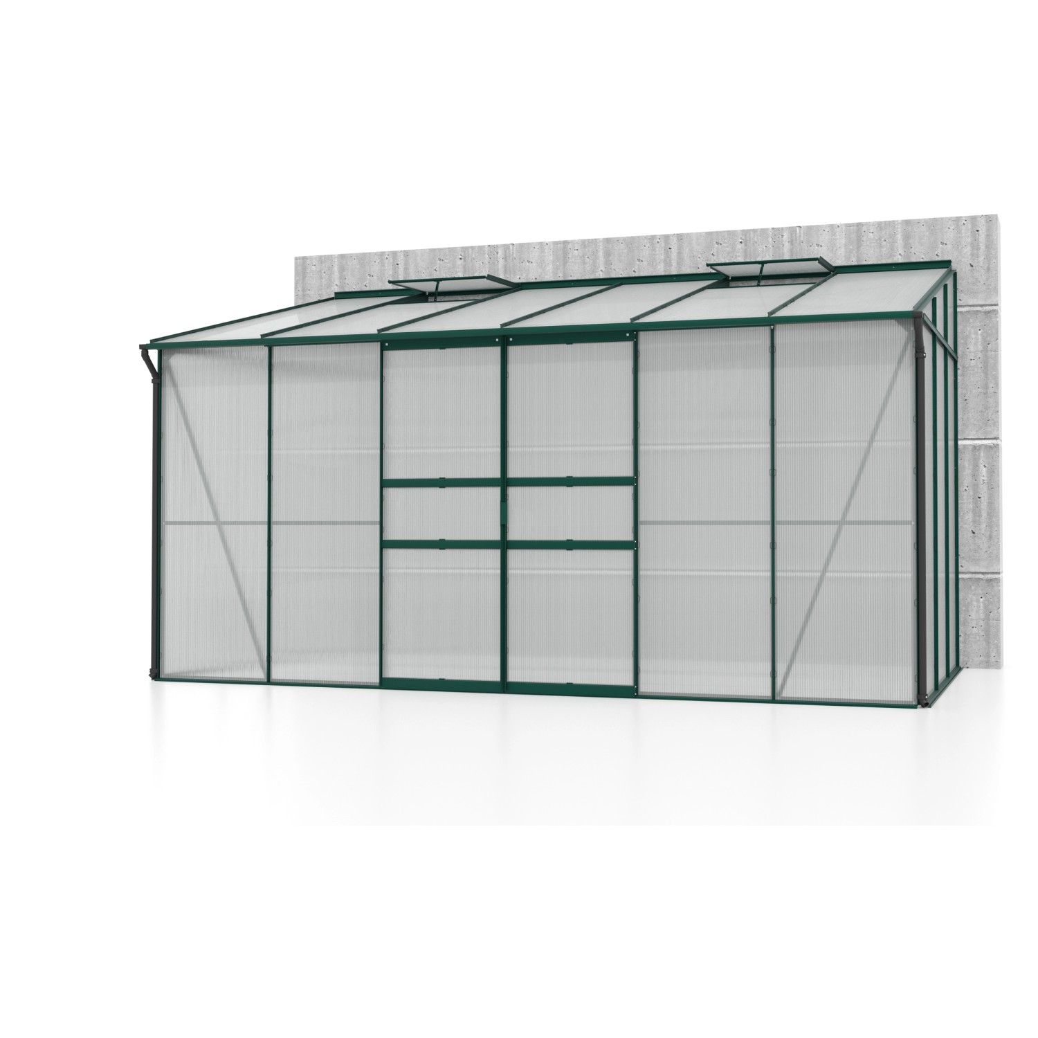 Anlehn-Gewächshaus Ida 7800 Smaragd mit Doppelschiebetür und Dachfenstern, an Hauswand montiert.