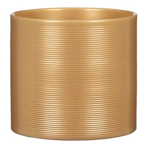 Runder, goldener Keramik Übertopf mit feinen horizontalen Rillen. Pearl Gold Blumentopf für Pflanzen.