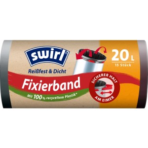 Swirl Fixierband-Müllbeutel 20l, 15 Stück, reißfest und dicht, mit Fixierband für sicheren Halt.
