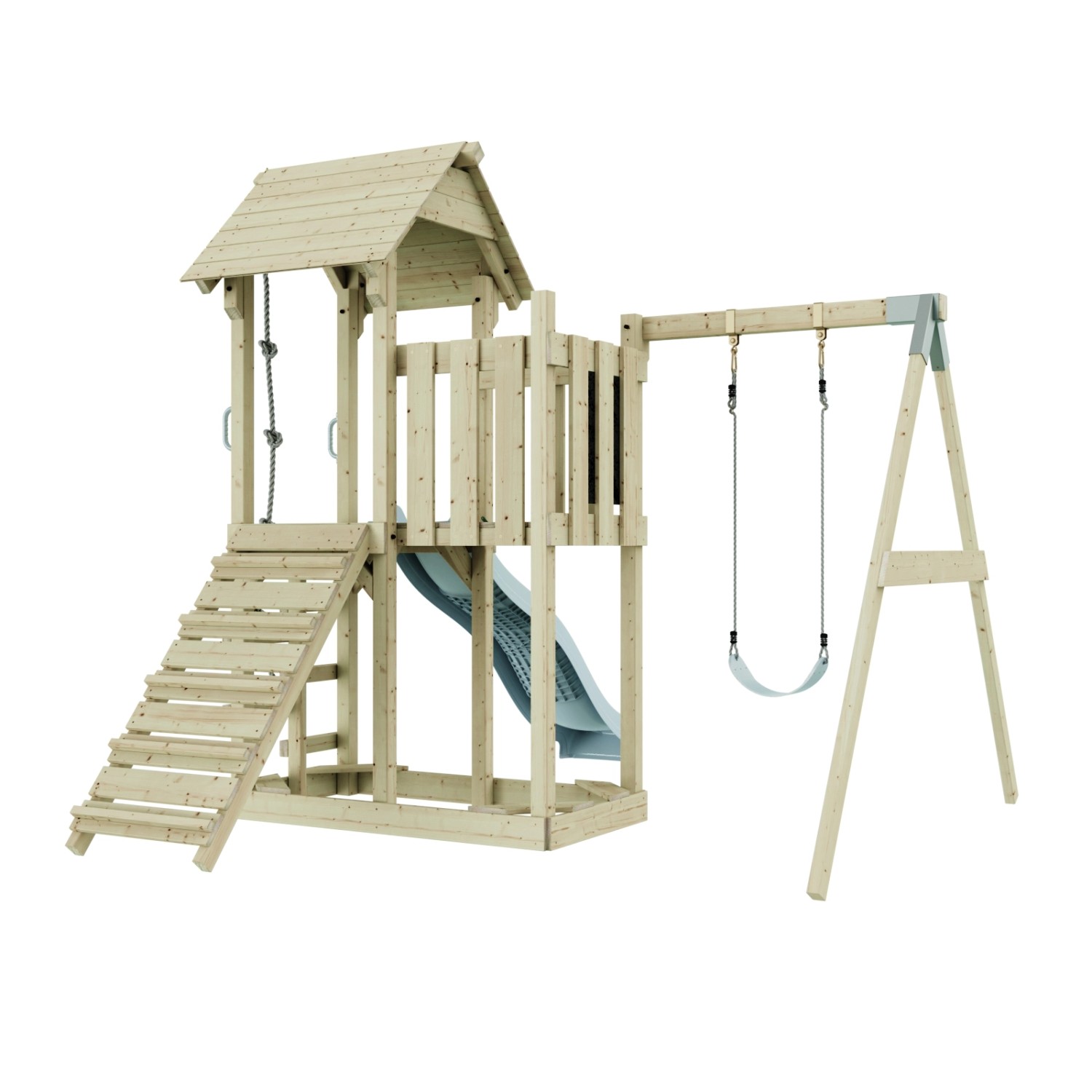 PolarPlay Kinderschaukel Bergen Eisblau mit Rutsche und Kletterturm aus Holz.