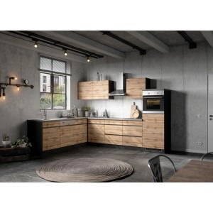 Moderne Winkelküche Turin in Wotaneiche-Graphit mit E-Geräten, inklusive Spüle und Dunstabzugshaube.