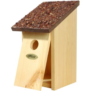 Nistkasten aus Kiefernholz mit braunem Rindendach für Wildvögel.