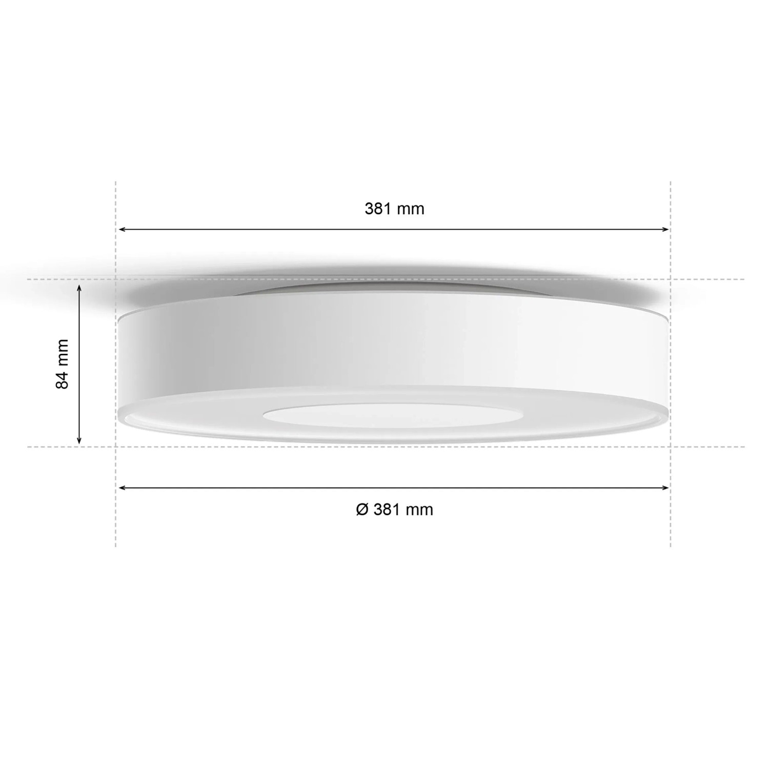 Abbildung der Philips Hue Deckenleuchte White & Color Ambiance Infuse M in Weiß mit Maßangaben.