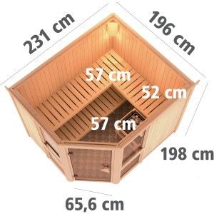 Karibu Sauna Anina 3 mit Ofen, Innenansicht mit Maßen. Massivholzsauna mit Liegen und Ofen.