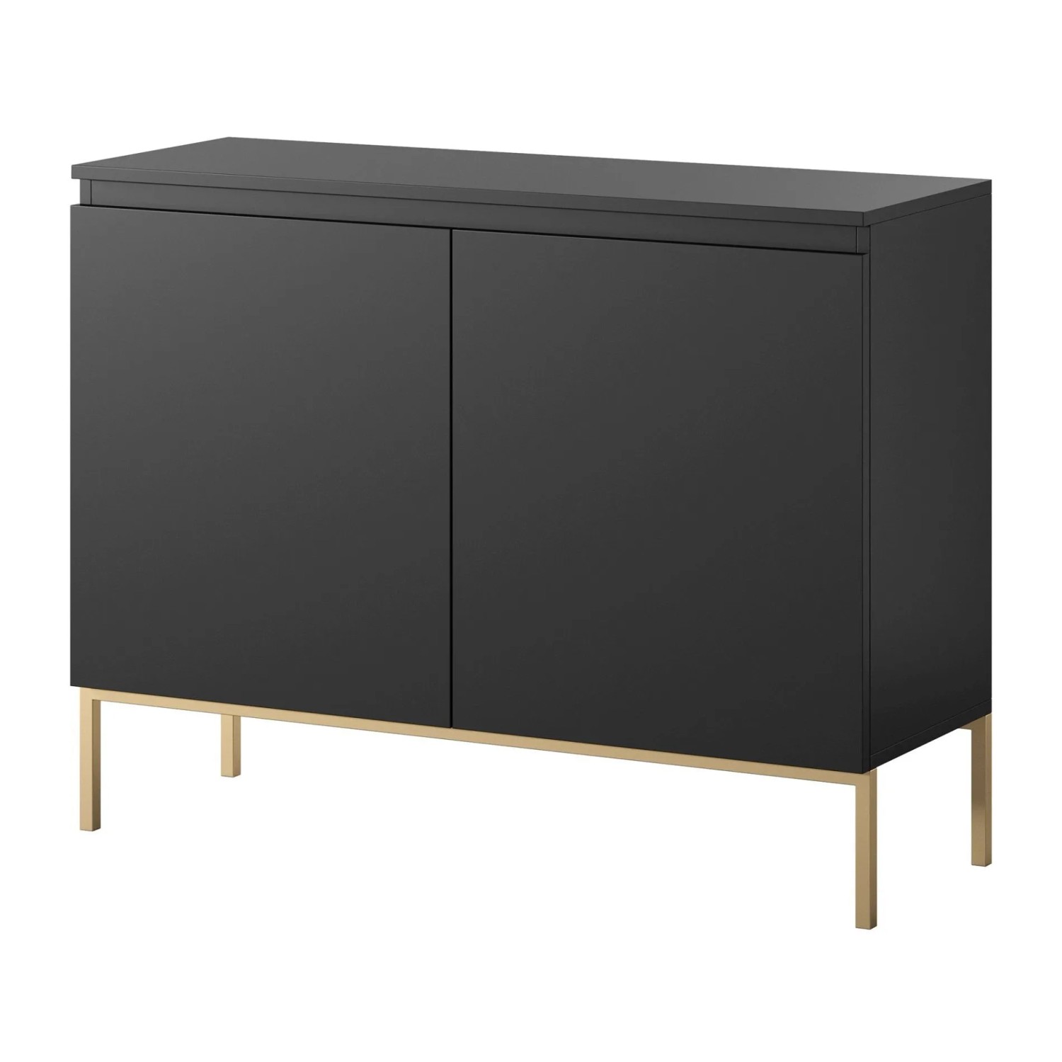 Modernes Selsey Sideboard Bemmi 100 cm in Schwarz mit zwei grifflosen Türen und eleganten goldenen Stahlbeinen.