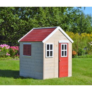 Wendi Toys Kinderspielhaus Gecko mit Fensterladen, rotem Dach und Tür im Garten.