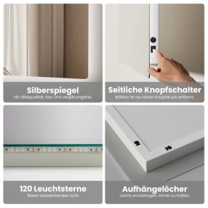 Emke LED-Badspiegel: Nahaufnahmen von Silberspiegel, seitlichem Kippschalter, LED-Streifen und Aufhängelöchern.