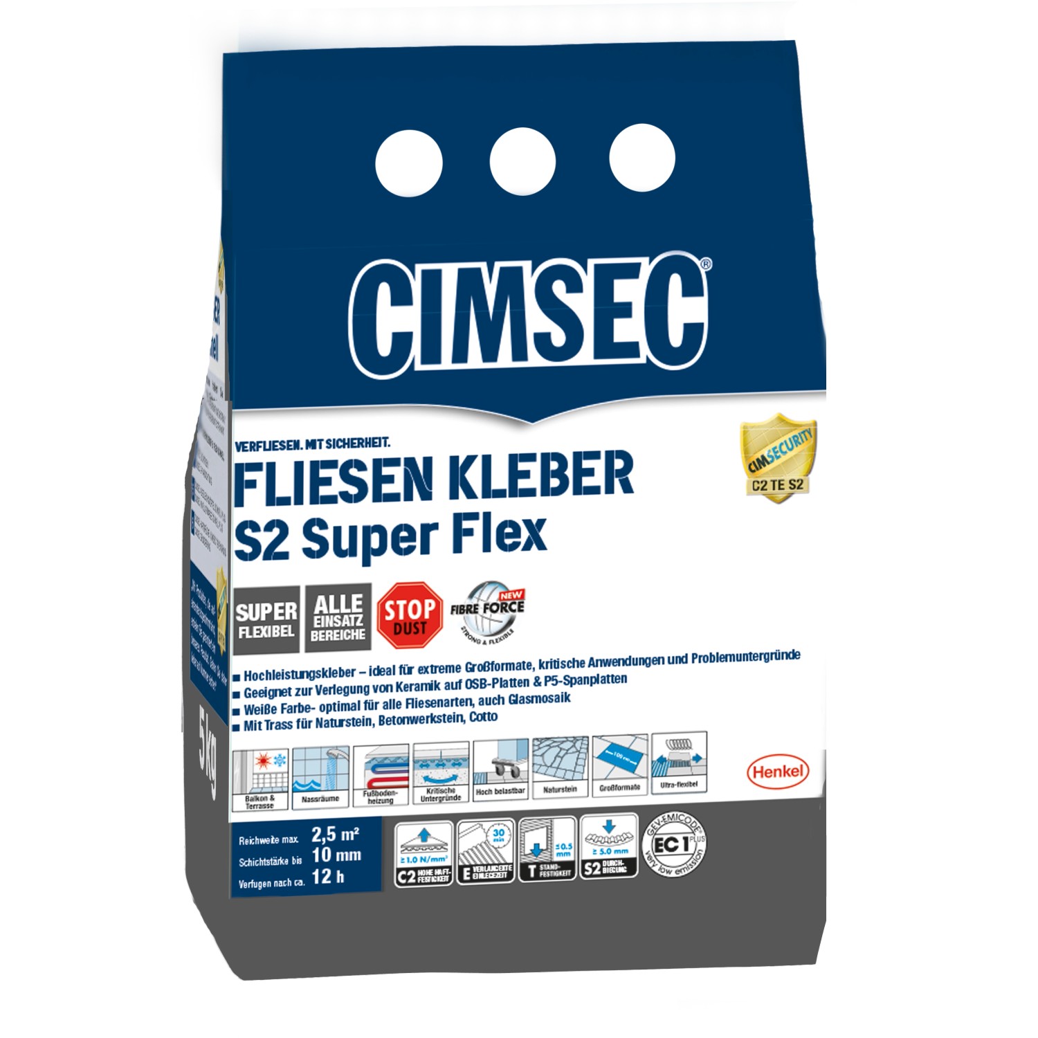 Cimsec Fliesenkleber S2 Superflex 5kg Sack, flexibler Klebemörtel für Fliesen und Naturstein.