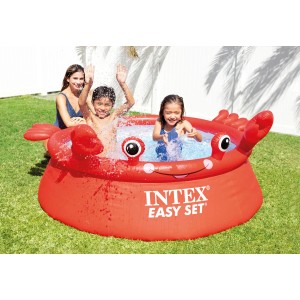 Intex Easy Set Pool Happy Crab, roter Quick-Up Pool mit Krabbendesign, Kinder spielen im Wasser.