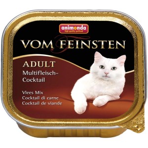 Vom Feinsten Katzen-Nassfutter Adult Fleisch-Cocktail, 100g Dose mit weißer Katze.