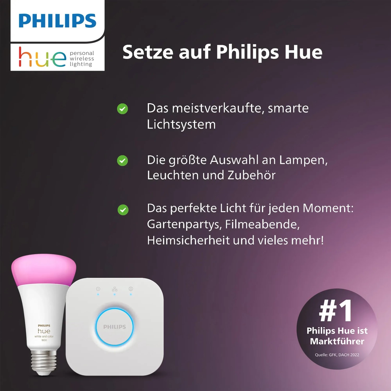 Philips Hue E27 Lampe mit Bridge: LED-Leuchtmittel für smarte Beleuchtung mit 16 Mio. Farben.