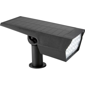 Schwarze LED Solar-Außenleuchte mit Erdspieß und Solarpanel. Bodenstrahler für den Garten.
