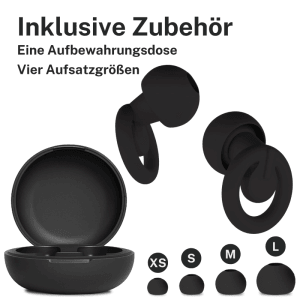 Schwarze CUXCES Ohrstöpsel mit Aufbewahrungsdose und vier Silikon-Aufsatzgrößen (XS, S, M, L) für Gehörschutz.