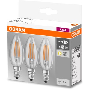 Osram LED-Leuchtmittel E14 Kerzenform, 4W, 3er-Set. Warmweißes Licht für Wohnräume.