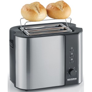 Severin Toaster AT2589 aus Edelstahl mit Brötchenaufsatz und zwei Brötchen.