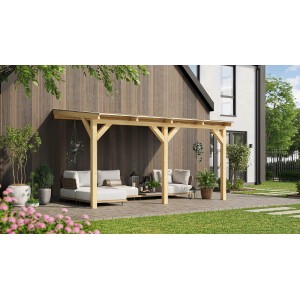 Weka Terrassenüberdachung 672 Gr. 1 aus Holz mit Doppelstegplatten im Garten.