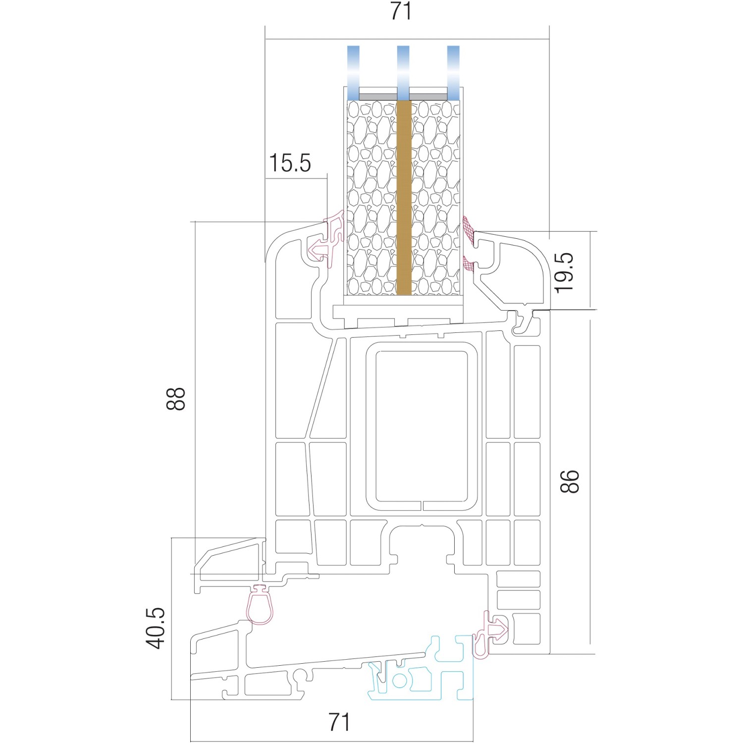 Schnittzeichnung Kunststoff-Haustür SMK 017, weiße Tür, Detailansicht Rahmen und Verglasung mit Maßen.