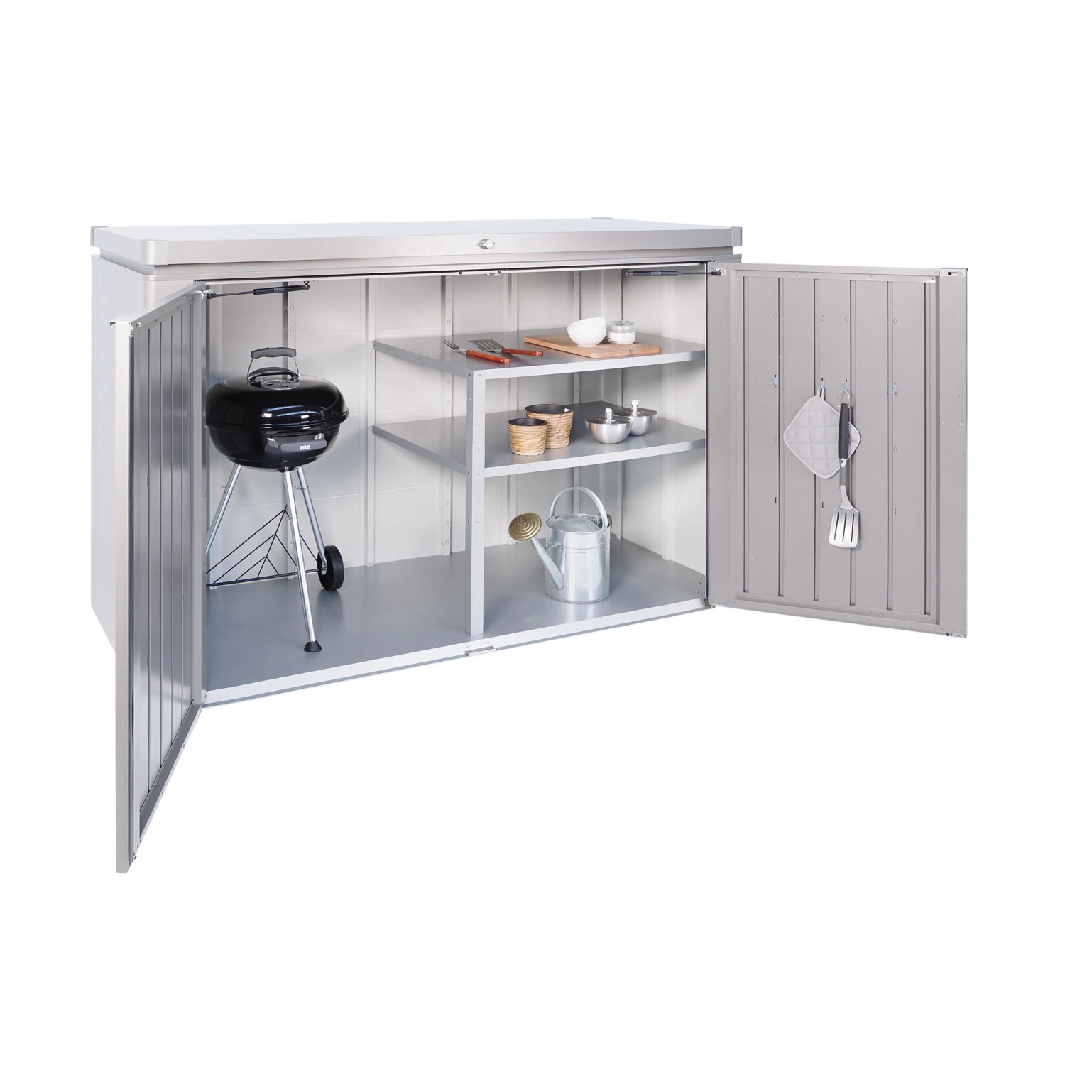 Geöffnete Biohort HighBoard 200 Gartenbox in Quarzgrau-Metallic mit Grill und Regalen.