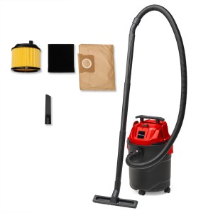 Einhell Nass-Trockensauger TC-VC 1820 (rot/schwarz) mit Zubehör wie Düse, Filter und Beutel.