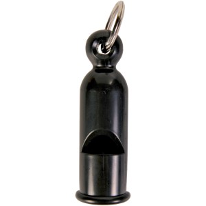 Schwarze Trixie Trillerpfeife aus Kunststoff mit Metallring für Hundetraining.