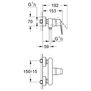 Technische Zeichnung der Grohe Eurosmart C Einhand-Brausebatterie DN 15 für Wandmontage mit Maßangaben.