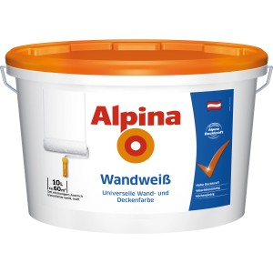 Eimer Alpina Wandweiss matt, 10 Liter. Weiße Wandfarbe für Innen, hohe Deckkraft.
