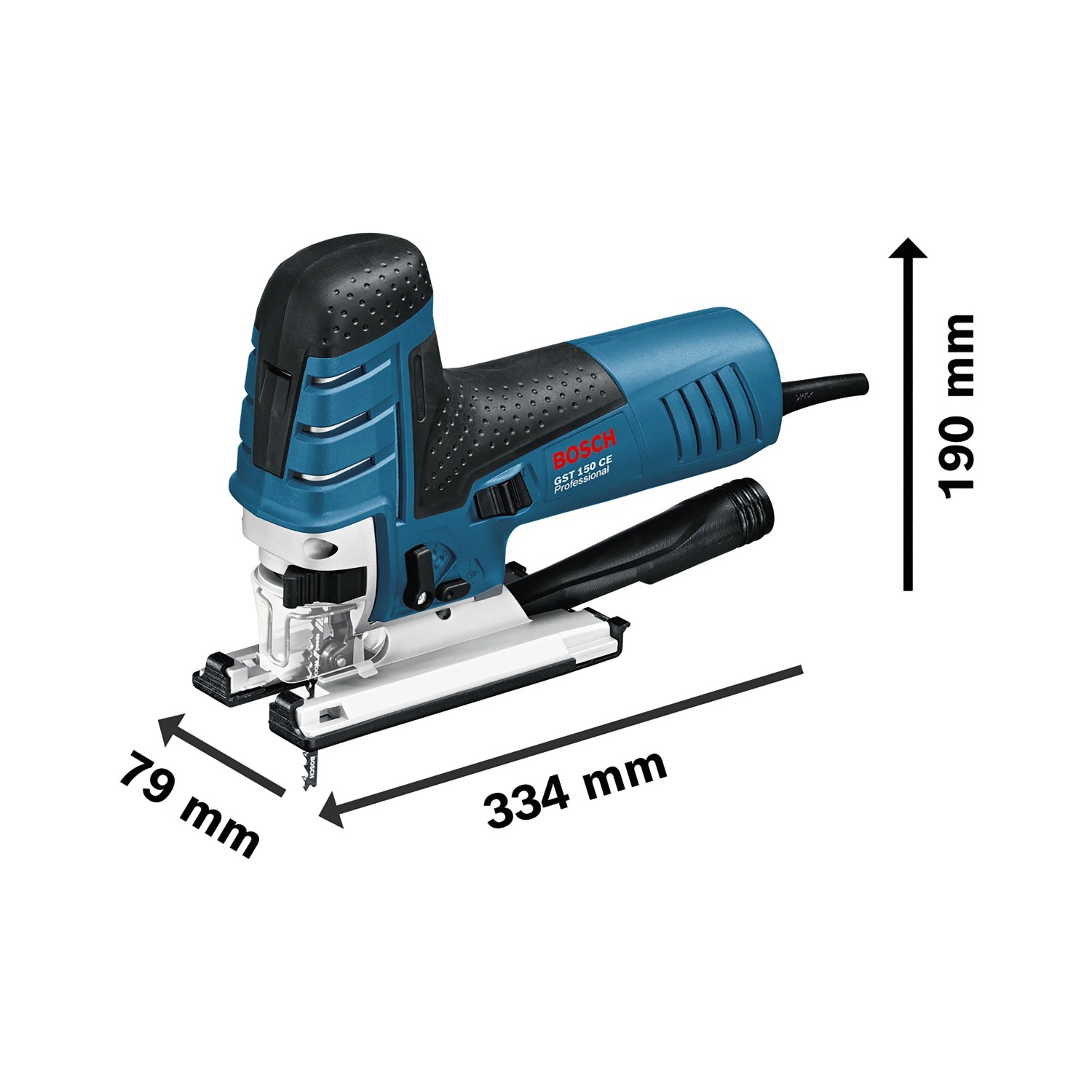 Bosch Professional Stichsäge GST 150 CE, blau-schwarz, 780 W. Maße: 334x79x190 mm für präzise Schnitte.