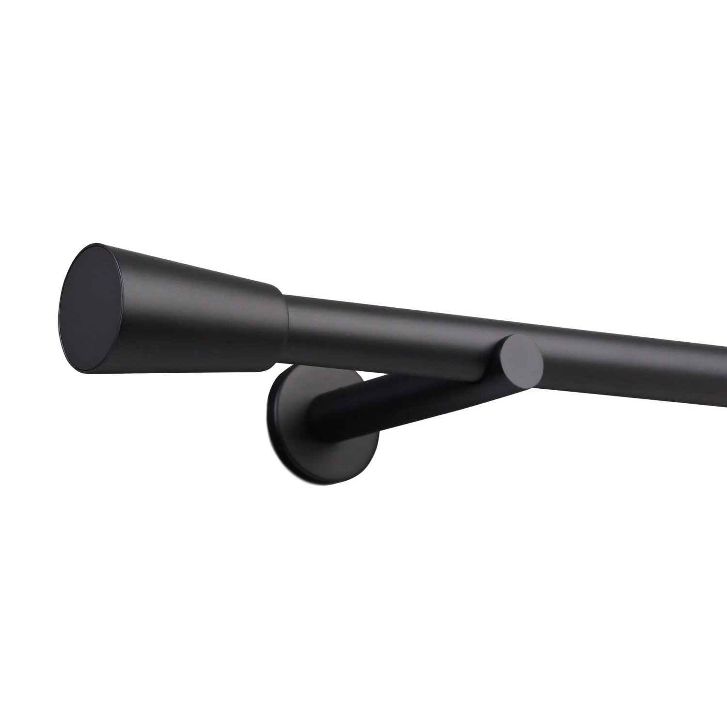 Schwarze Gardinenstange nach Maß mit Kegel-Endstück, Ø 25mm. Moderne 1-Lauf Vorhangstange für Dekoartikel.