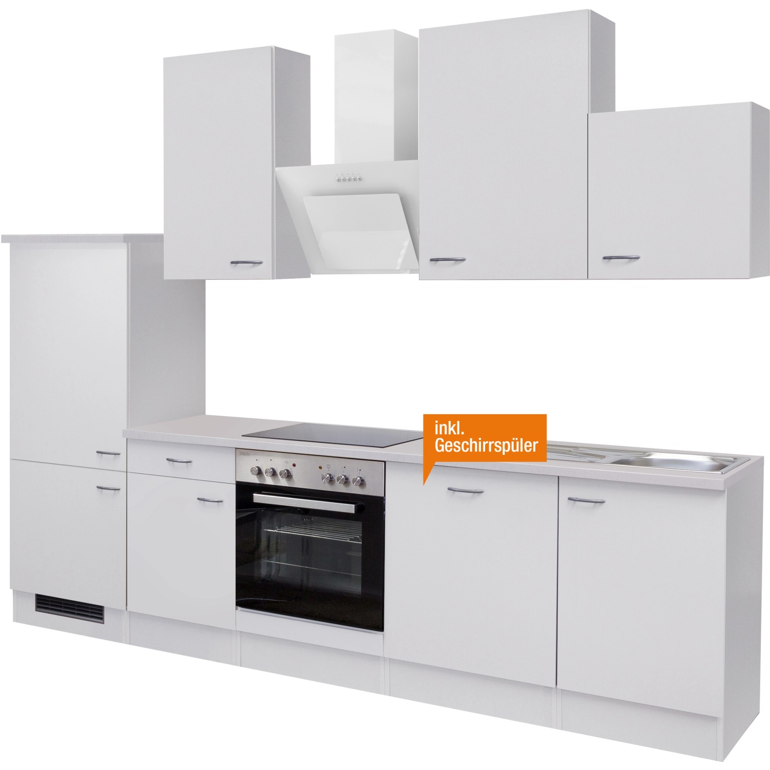 Weiße Flex-Well Küchenzeile Wito 280 cm mit E-Geräten und Spüle.