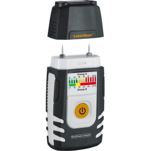 Laserliner WoodTester Compact: Holzfeuchtemessgerät mit Schutzkappe und LED-Anzeige für Brennholz.