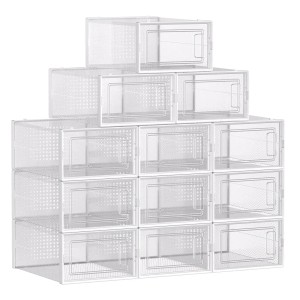 Songmics Schuhboxen-Set Dennys, 12 transparente, stapelbare Aufbewahrungsboxen in Weiß.