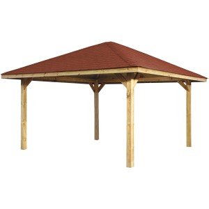 Weka Pavillon Gartenoase 651 A, 480x480 cm, mit rotem Dach und Holzpfosten.