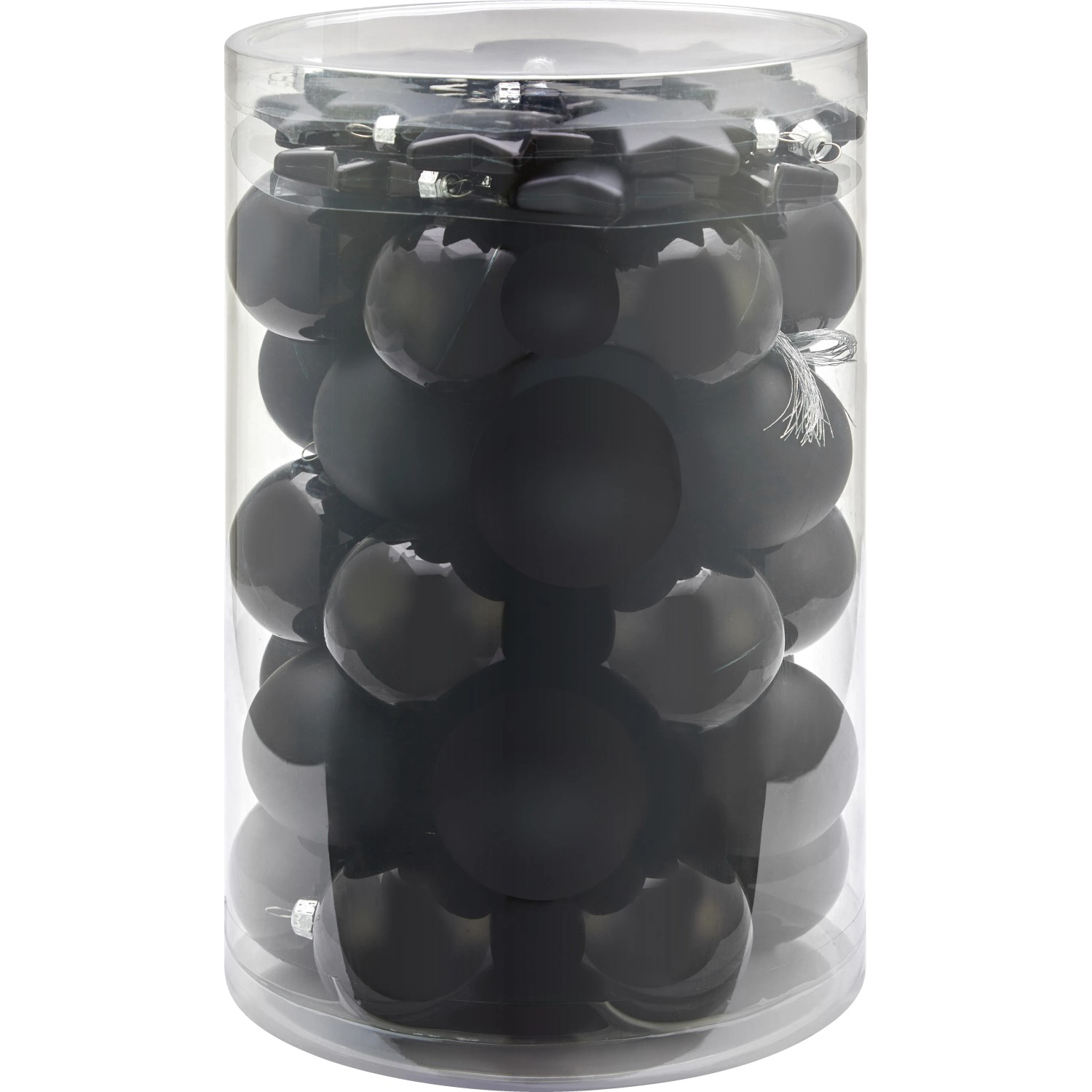 Weihnachtsschmuck-Set: Schwarze, matte Kugeln und Sterne aus Kunststoff im transparenten Behälter.
