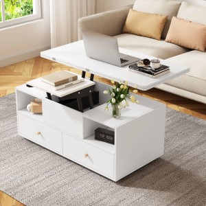 Weißer höhenverstellbarer Couchtisch 100x50 cm mit Klappfunktion, Schubladen und Ablagen. Flexibler Wohnzimmertisch.