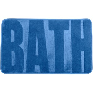 Blauer Wenko Badteppich Memory Foam Bath (50x80 cm) mit Schriftzug "BATH".