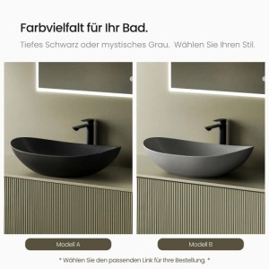 Zwei ovale Emke Aufsatzwaschbecken aus Keramik in Mattgrau und Mattschwarz auf Waschtisch im modernen Bad.