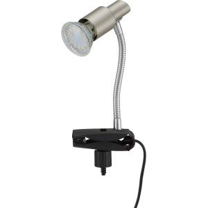 Briloner LED-Klemmleuchte in Nickel matt mit flexiblem Arm und GU10 Leuchtmittel.