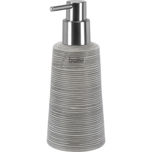 baliv Seifenspender aus Keramik mit Streifenmuster in Grau und Metallelementen.