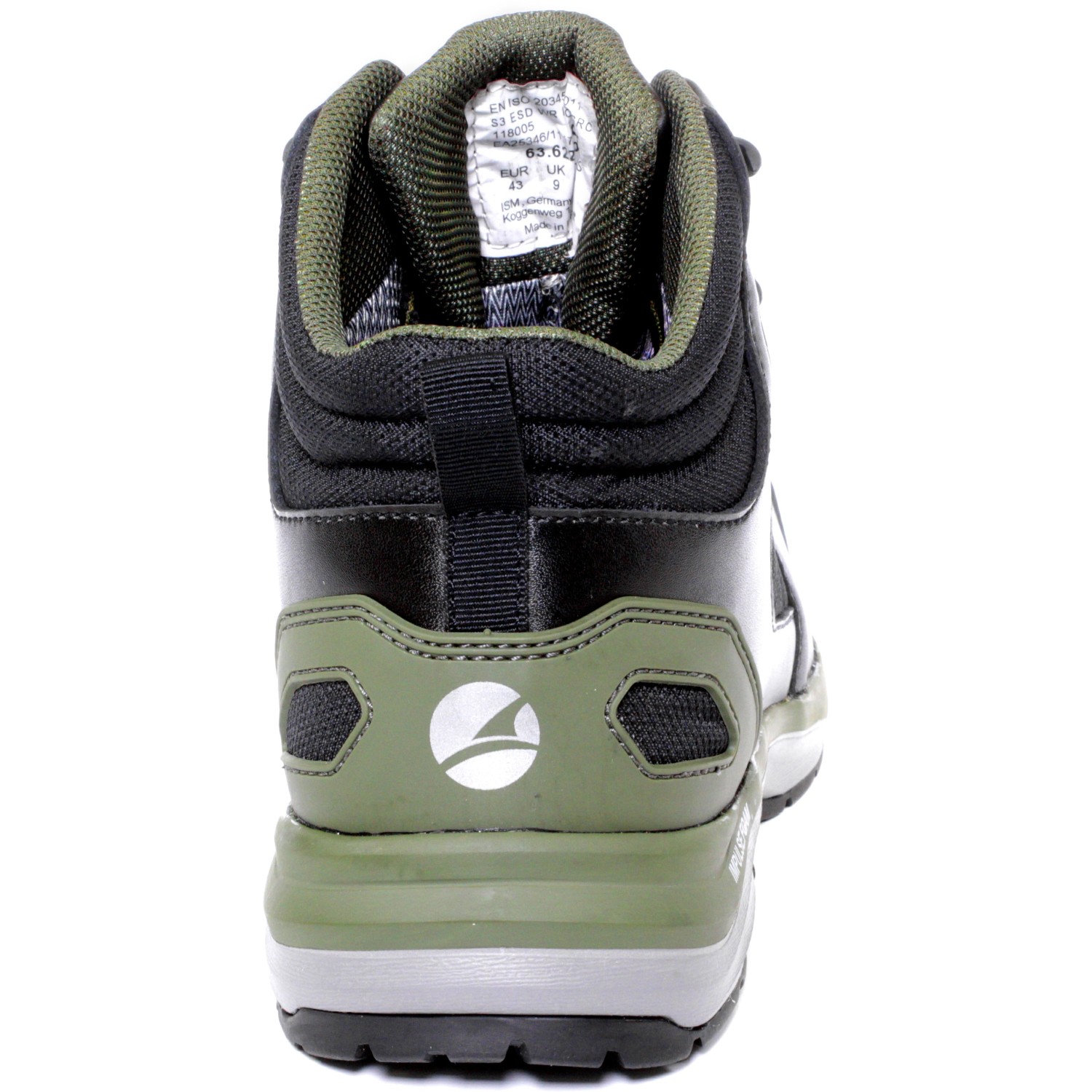 Rückansicht: Albatros Ultratrail CTX Mid S3 Sicherheitsstiefel in Schwarz-Oliv, Größe 39.