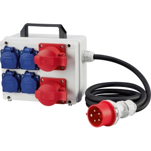 Steckdosenverteiler IP44 mit Tragegriff, 6 Steckdosen (4 Schuko, 2 CEE) und Kabel.