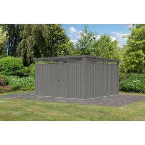 Karibu Metallgerätehaus Amato 4 in Graualuminium, Gerätehaus mit Doppeltür und Lichtband.